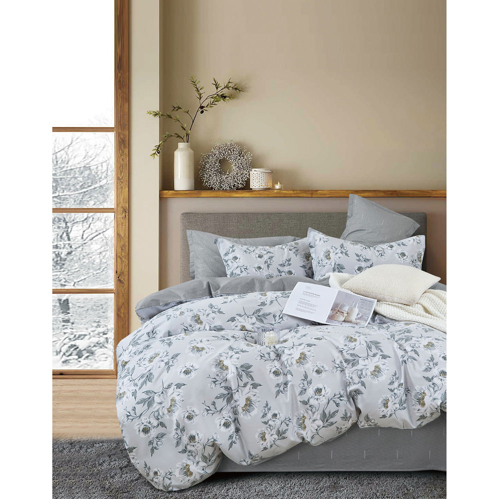 Soft Grey Tonal Floral Ardor Alwin Quilt Cover Set for King Bed