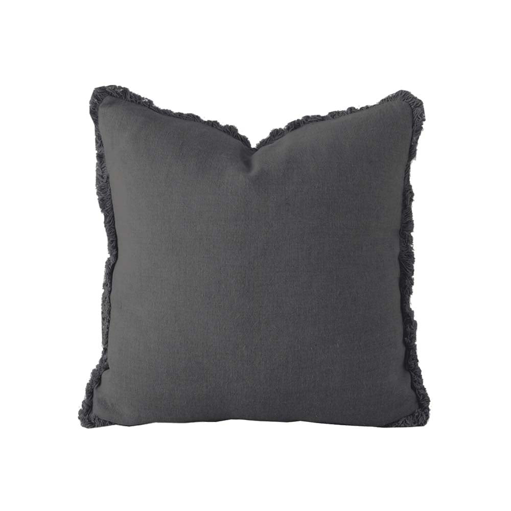 High - Quality 100% Linen Square Decorative Filled Cushion in Charcoal Color with Fringes