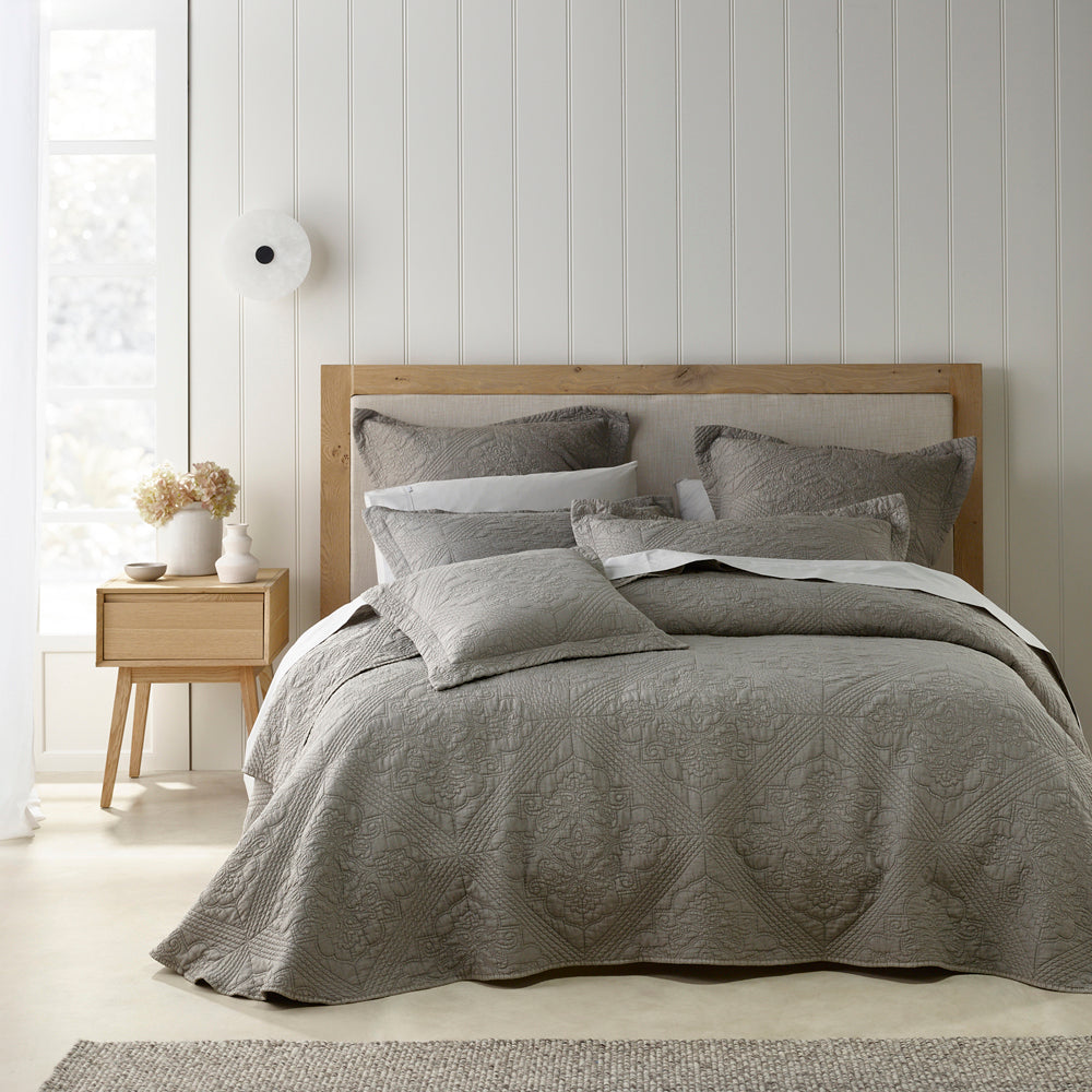 Zaria Taupe Embroidered Bedspread Set for Queen - Sized Bed