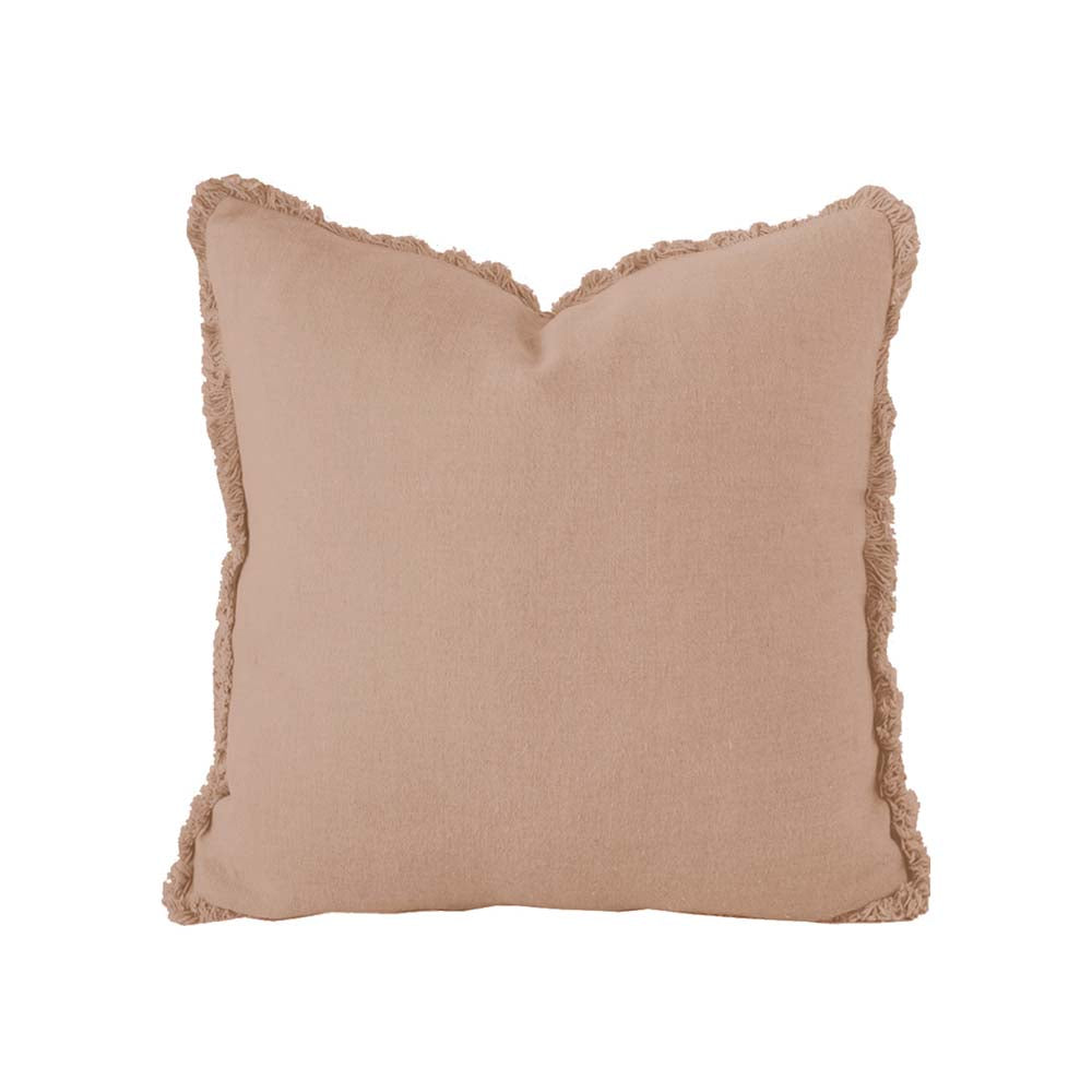 100% Linen Tea Rose Square Cushion with Soft Fringes and Plush Feather Fill