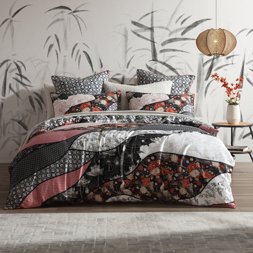 Logan and Mason Super King Yume Red Quilt Cover Set with Japanese Prints