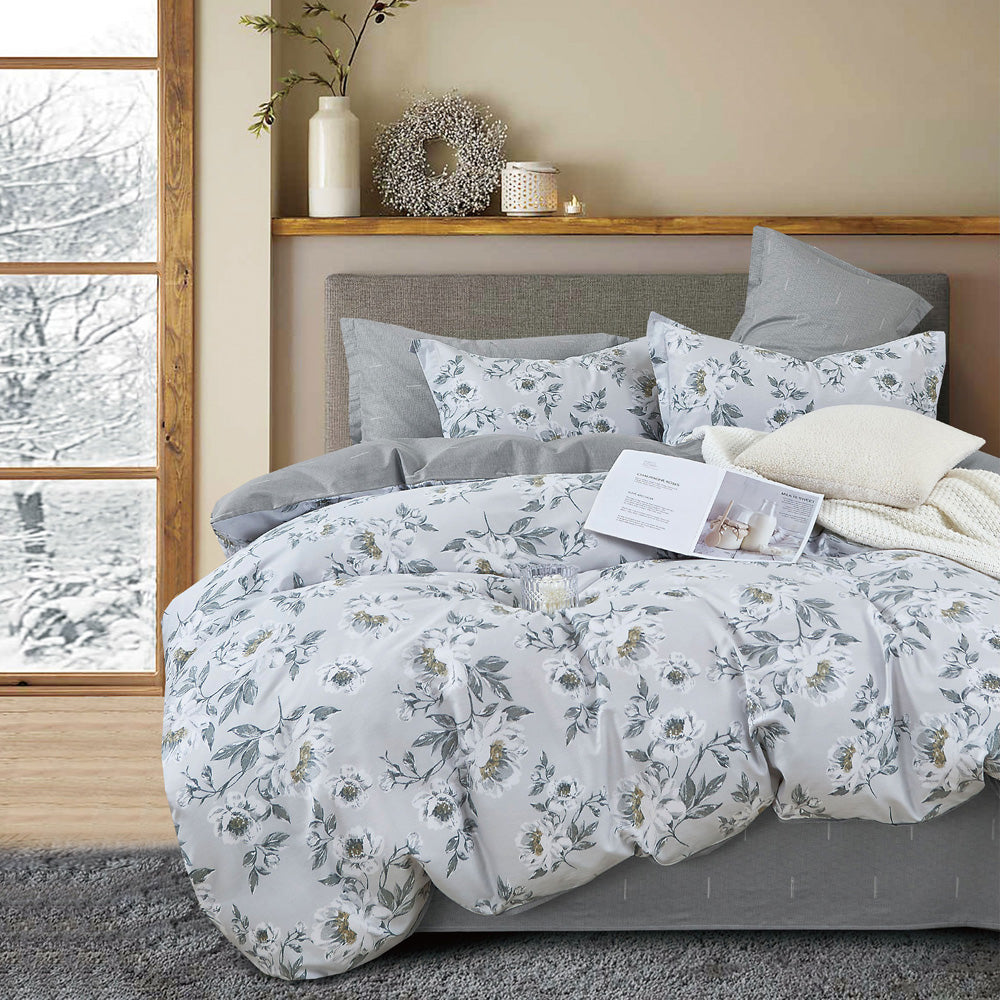 Soft Grey Tonal Floral Ardor Alwin Quilt Cover Set for King Bed