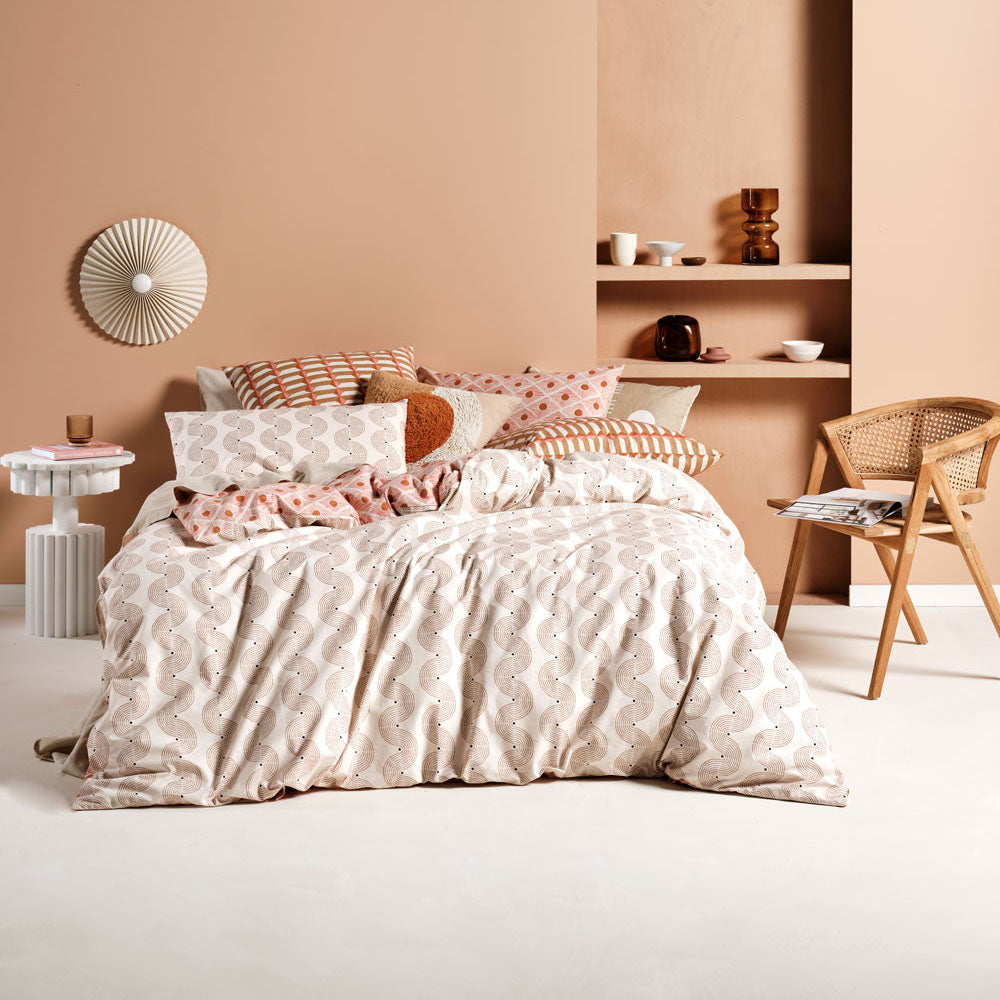 Linen House Aida Coral Double Bed Quilt Cover Set - Reversible Block Print for Any Mood