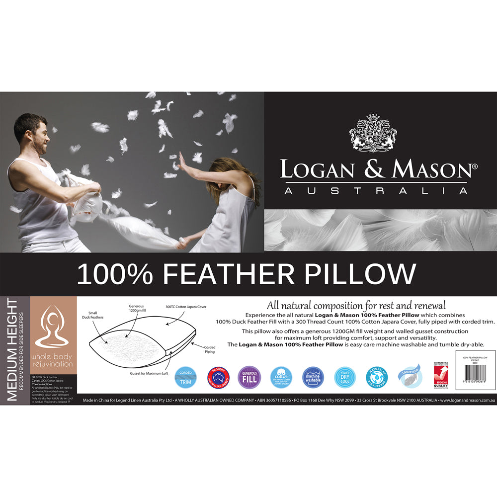 Logan & Mason All-Natural 100% Duck Feather Pillow with High-Quality Cover