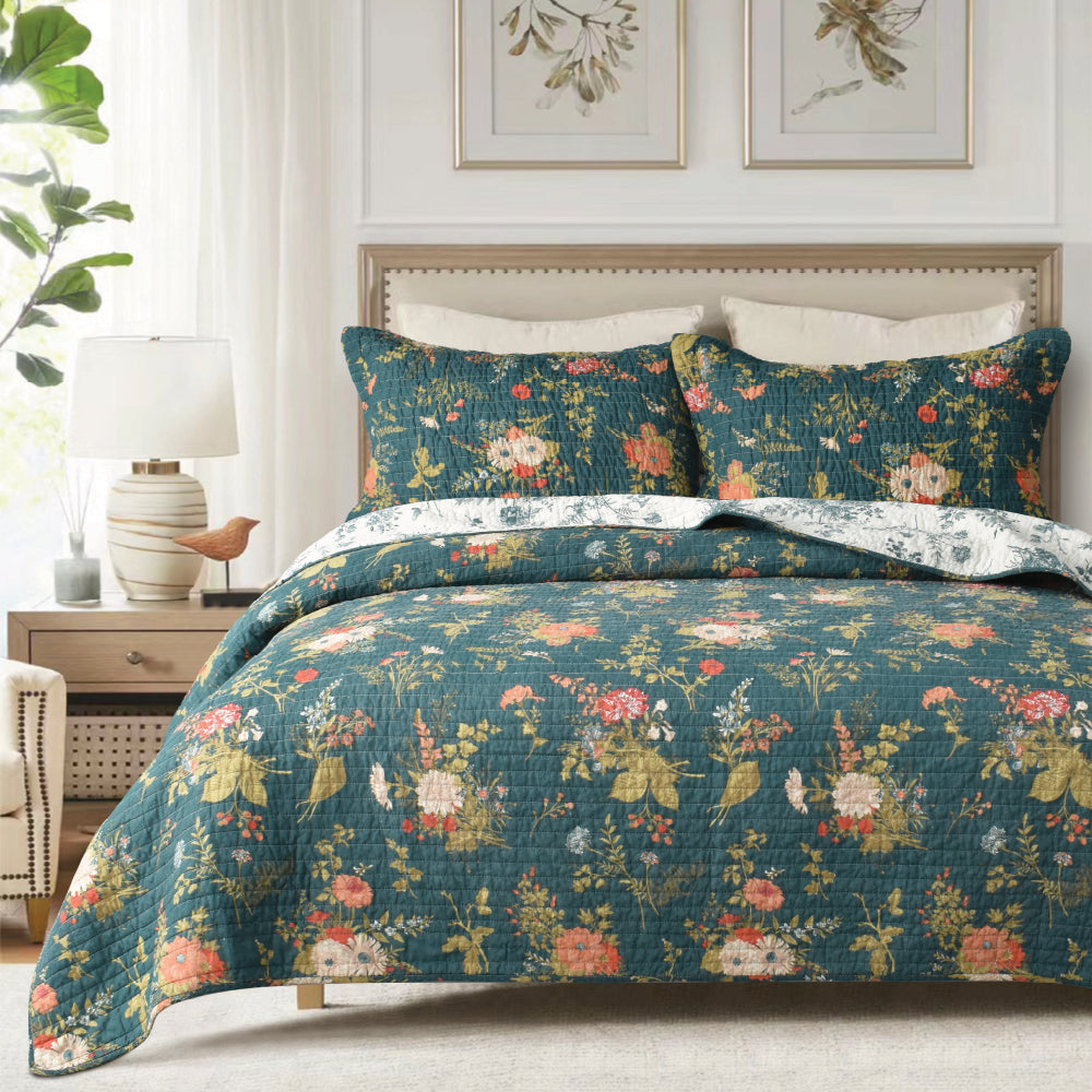 Luxurious Winter Garden Cotton Bed Coverlet Set for Queen-Size Beds