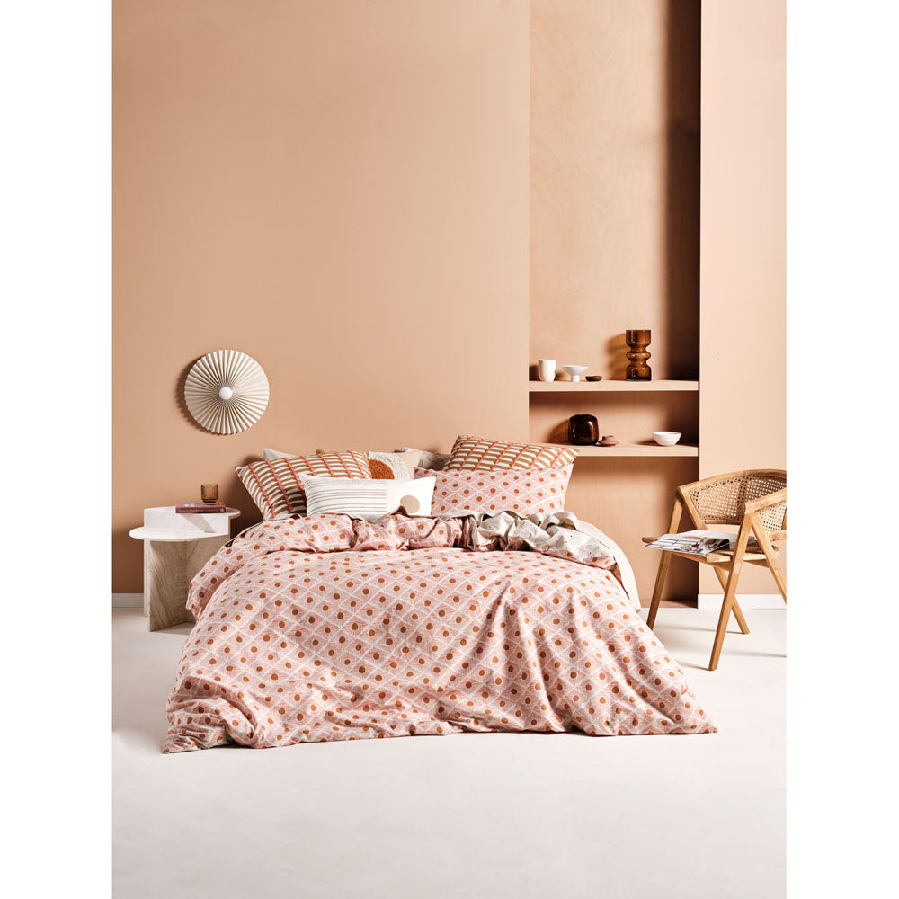 Linen House Aida Coral Double Bed Quilt Cover Set - Reversible Block Print for Any Mood