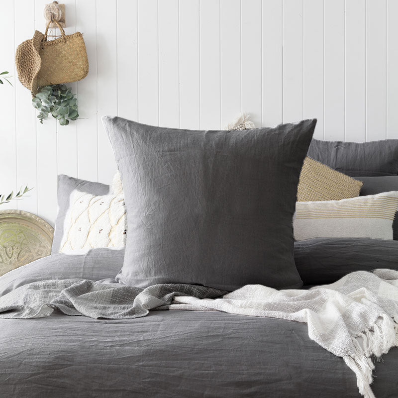 Bambury Luxury 100% Linen Queen Bed Quilt Cover Set in Charcoal