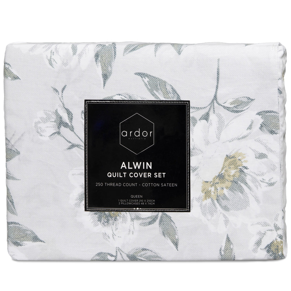 Soft Grey Tonal Floral Ardor Alwin Quilt Cover Set for King Bed