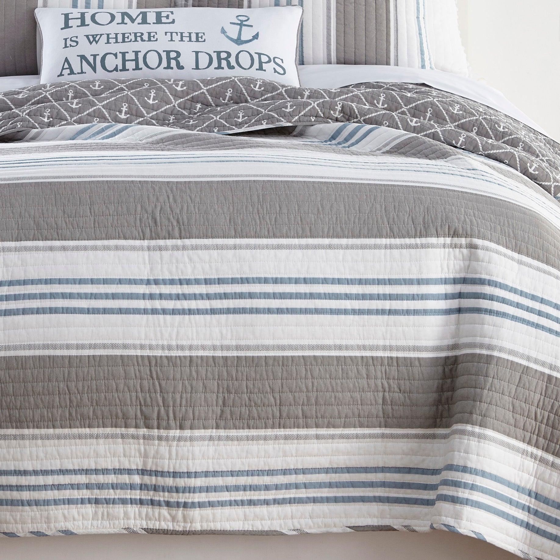 Stylish Grey and Blue Striped King Single Province Coverlet Set