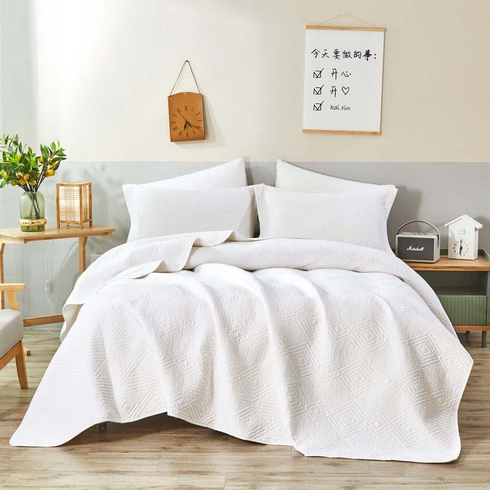 Soft 100% Cotton Diamond Pattern White Coverlet Set for Queen Bed