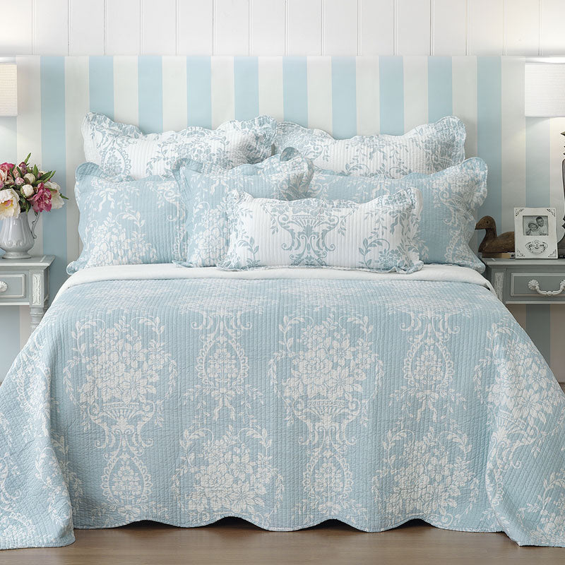 Florence Blue Bedspread Set for Queen - Sized Bed, Inspired by French Provincial Boudoir Style
