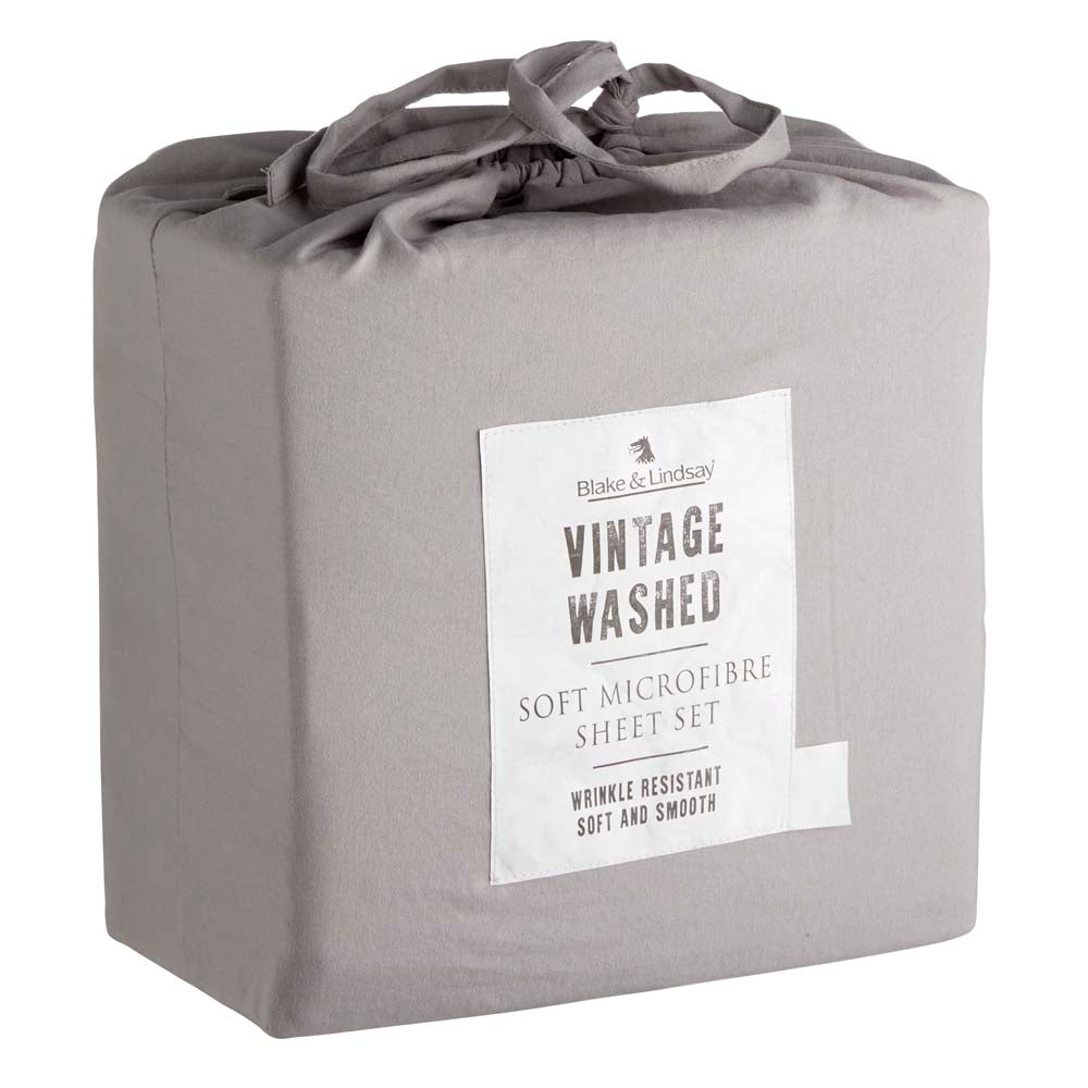 Double Bed Vintage Washed Soft Microfibre Sheet Set in Pewter Color