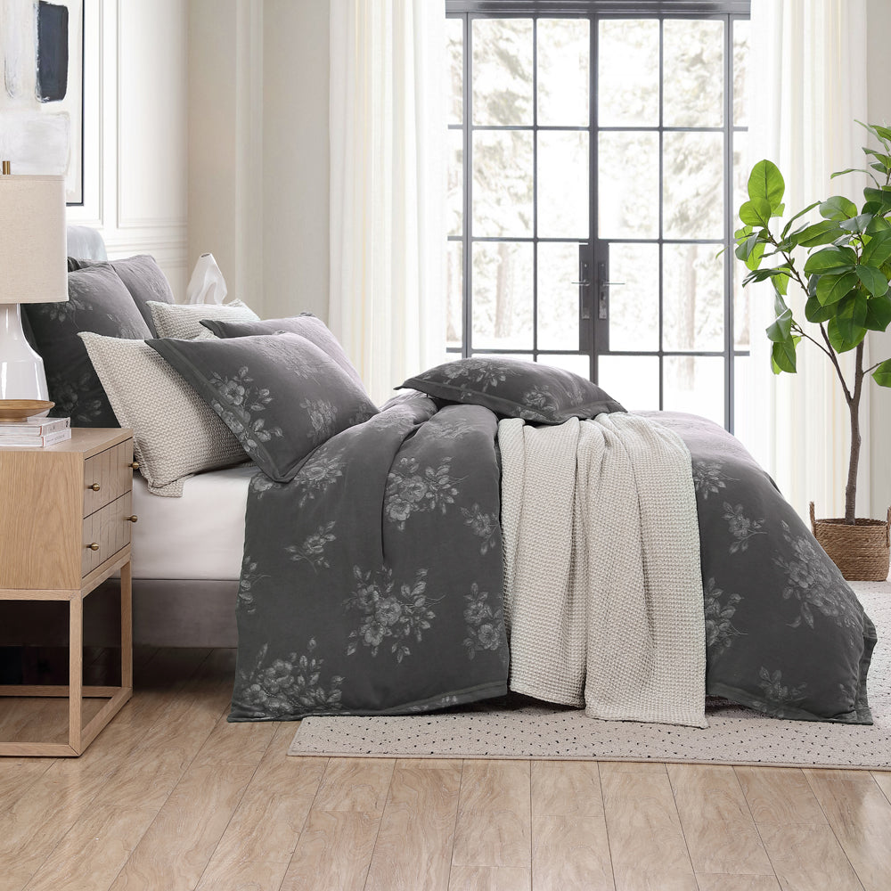 Queen-Size Maisey Charcoal Quilt Cover Set with Vintage Charm