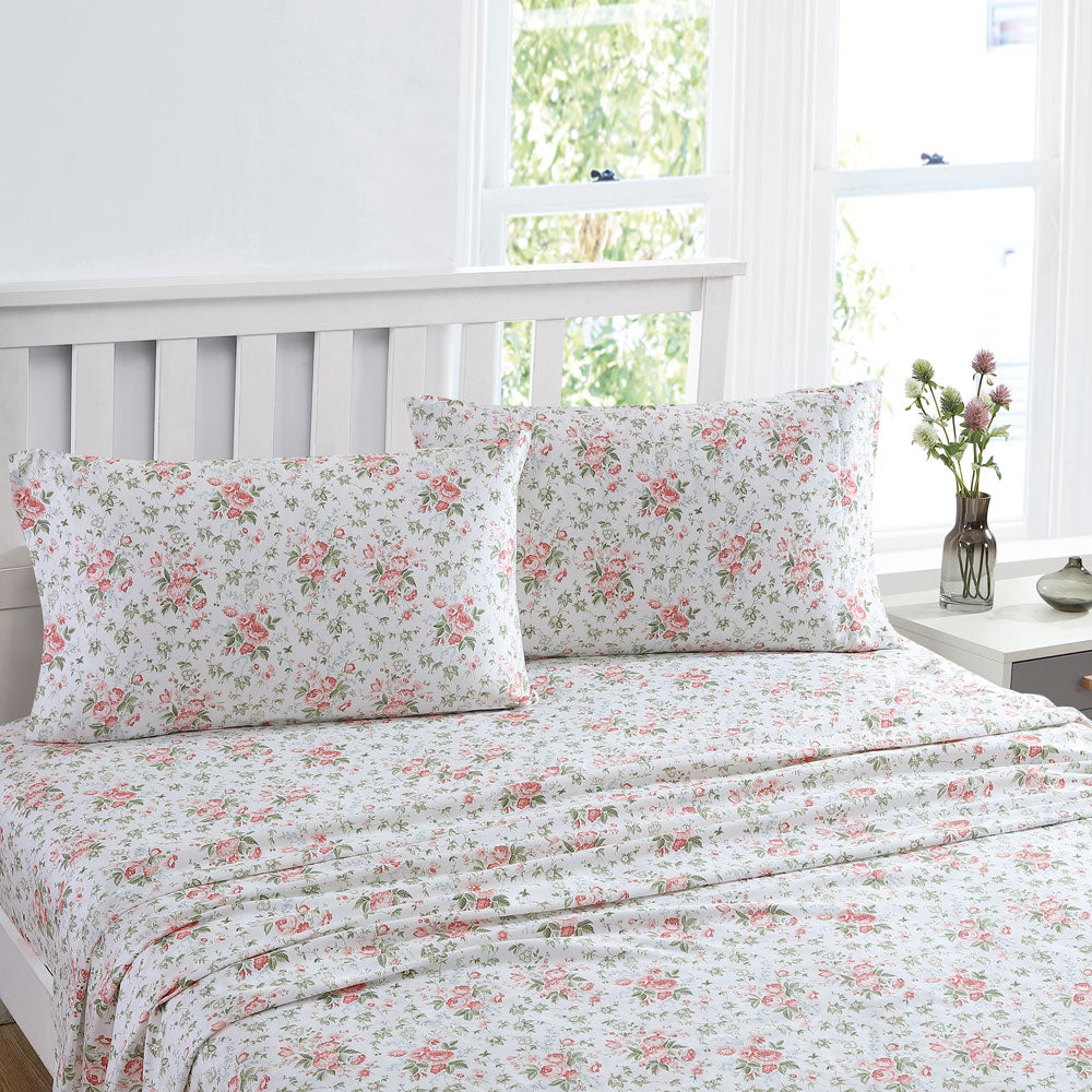 Queen-Size Laura Ashley Lillian Coral Sateen Cotton Sheet Set
