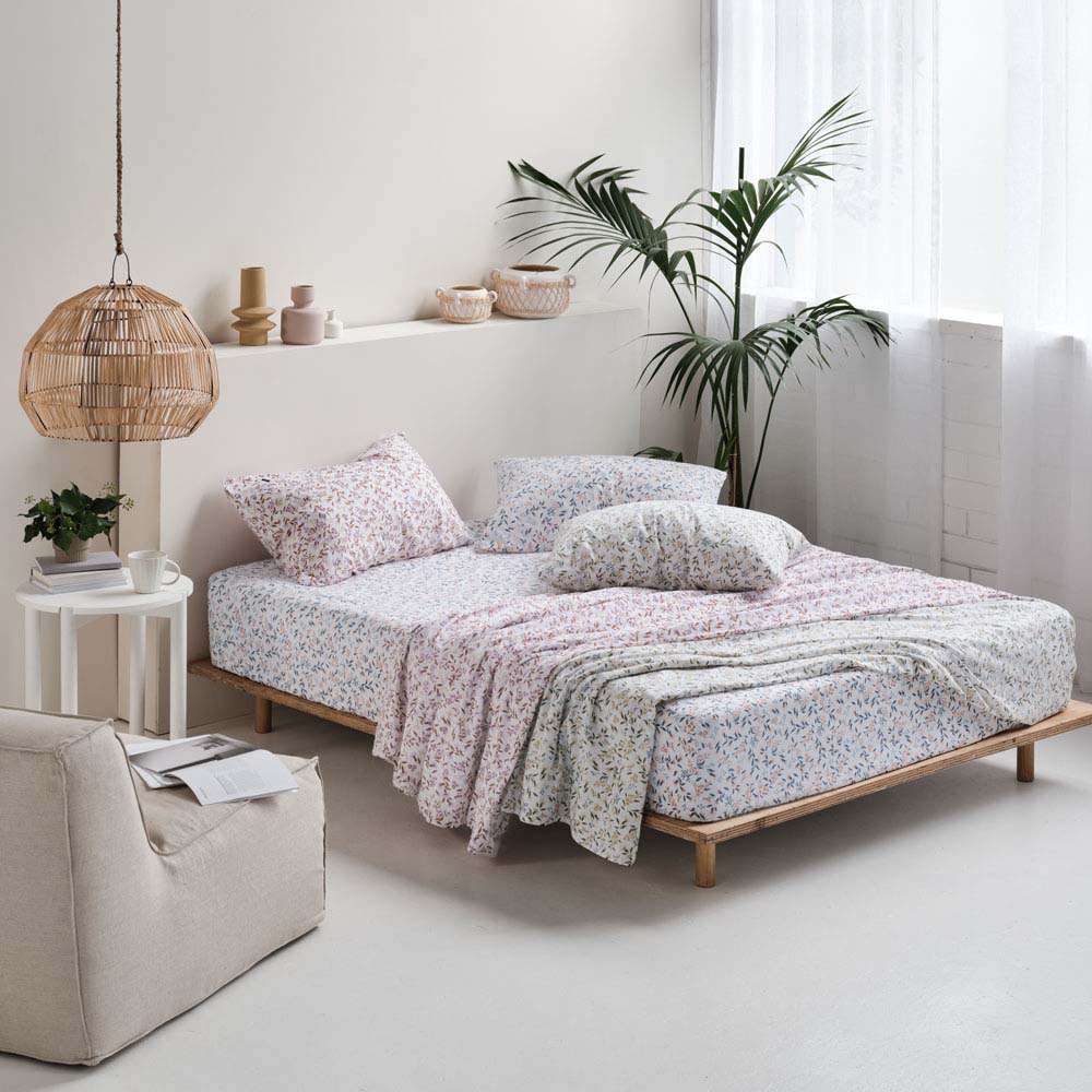 Single Bed Matilda Peach Cotton Sheet Set with Hand - painted Native Australian Botanical Design