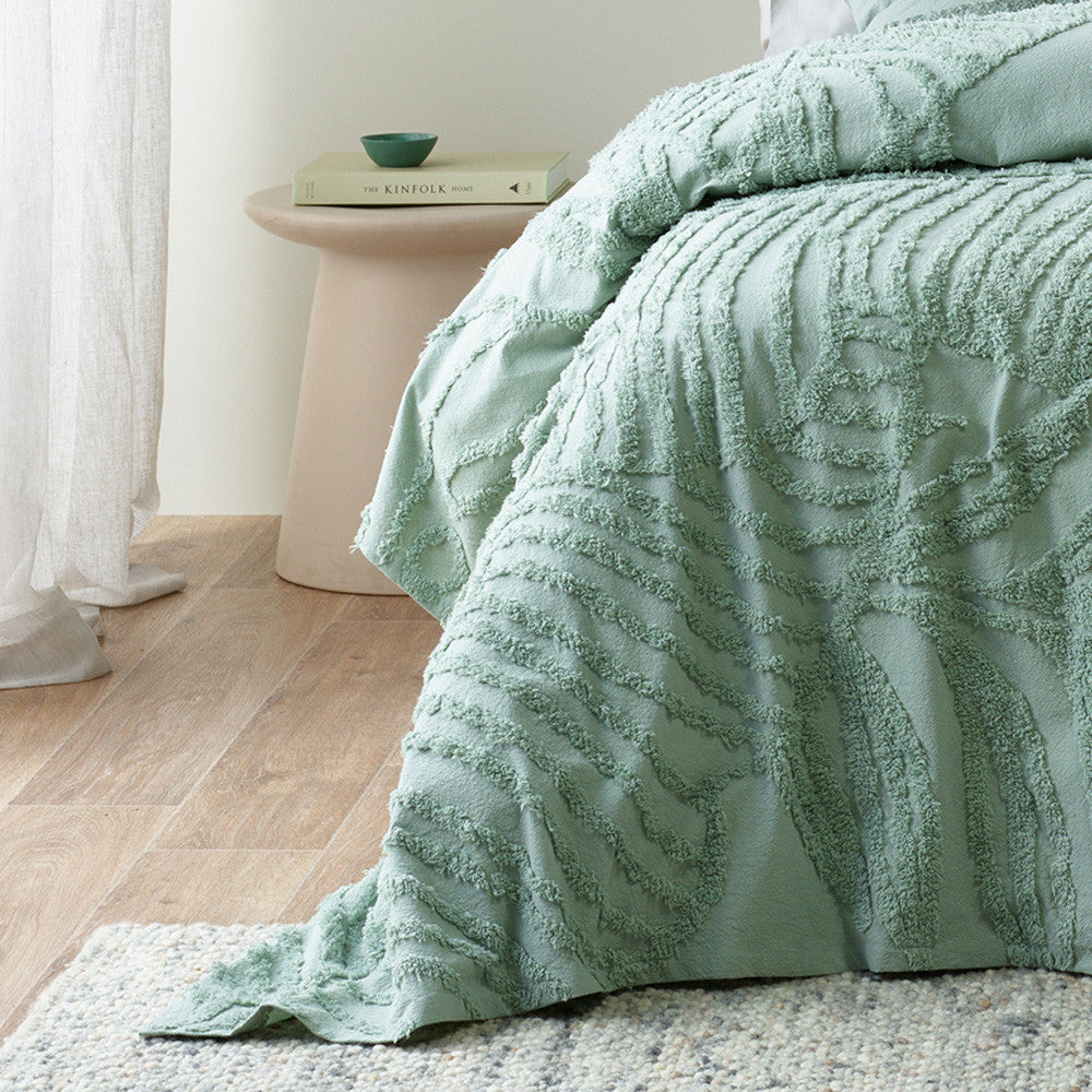 Double Bed Foliage Sage Cotton Chenille Bedspread Set for Bedroom Decor