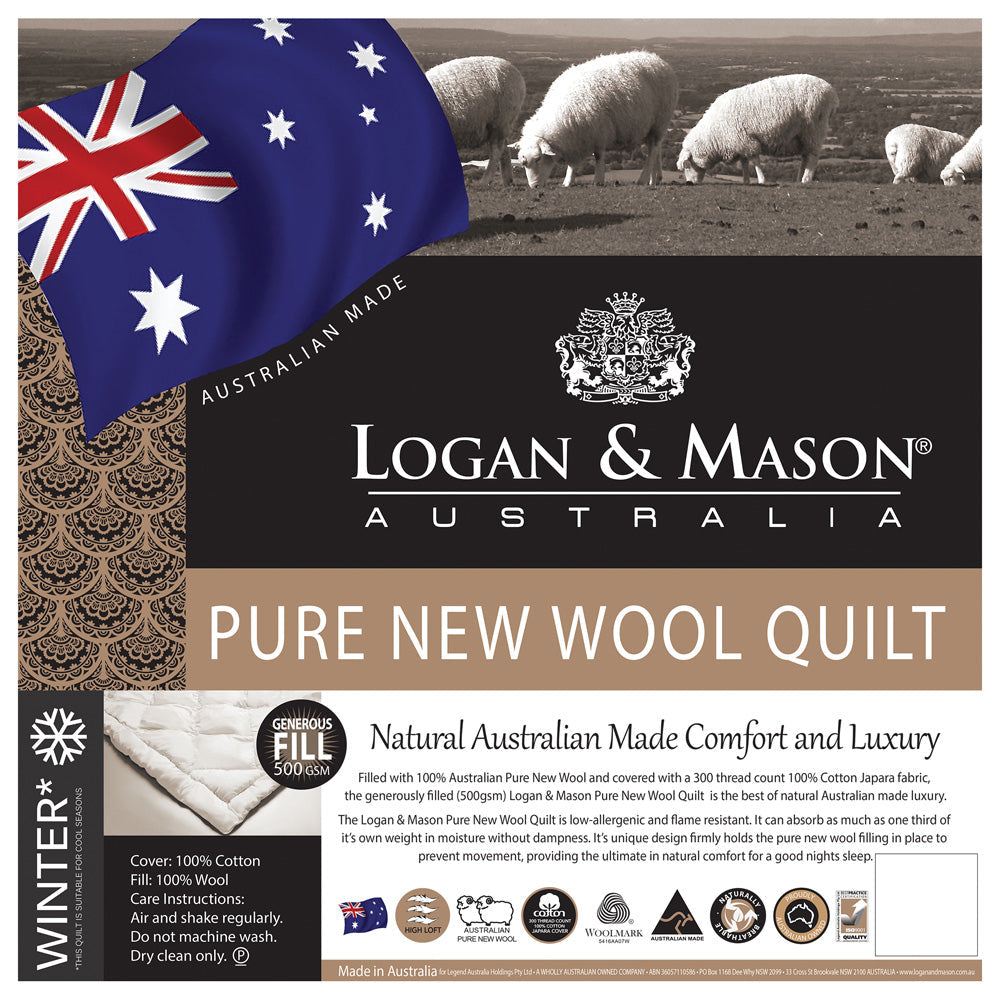 Logan & Mason Premium Pure New Australian Wool Bed Quilt / Doona with 500GSM Fill for Queen Size Bed