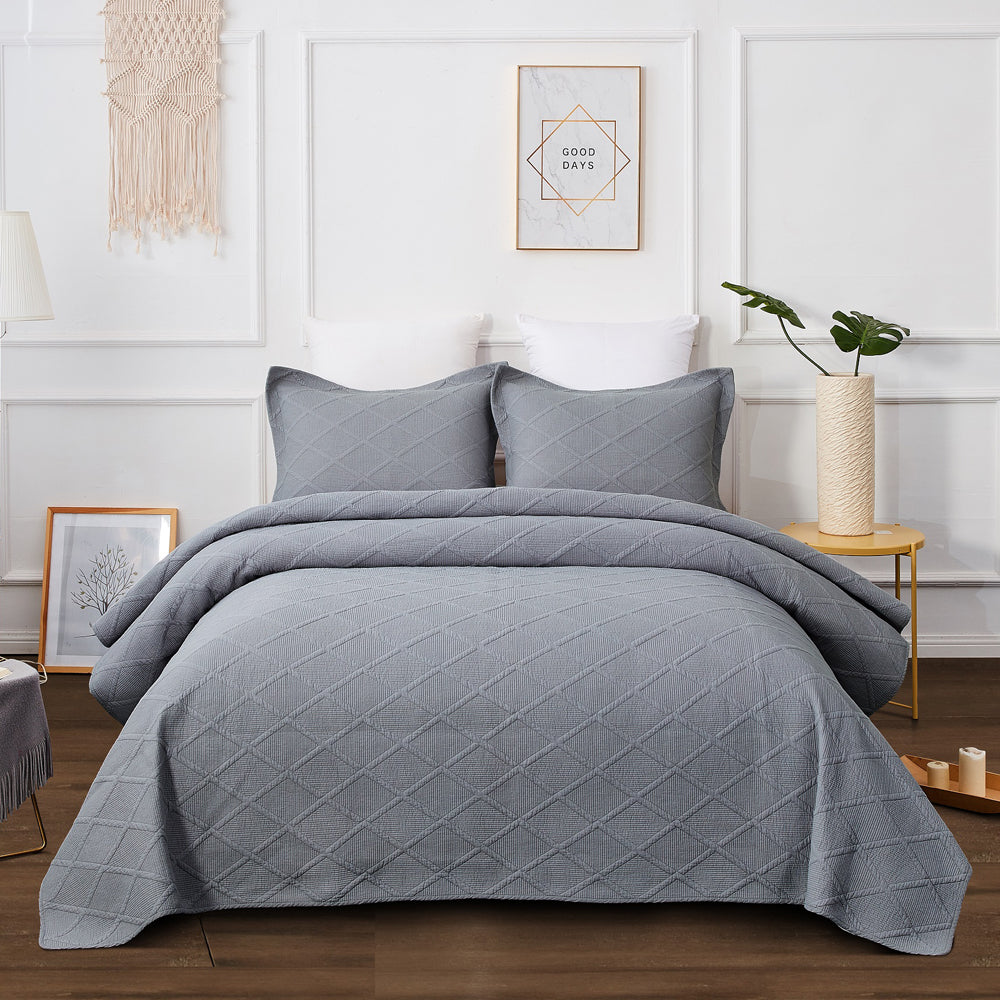 Super King Misty Grey Quilted Coverlet Set with Geometric Design