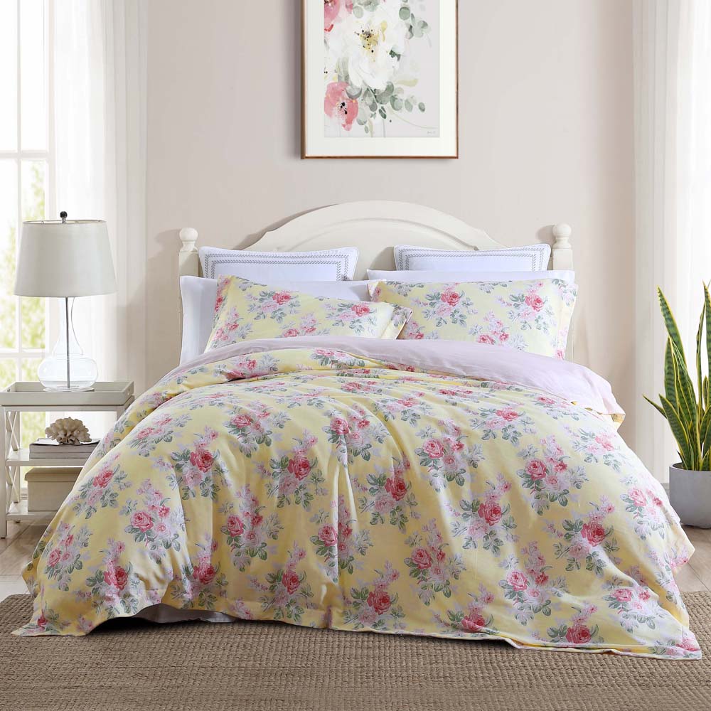 Laura Ashley Melany Double Bed Quilt Cover Set in Sunny Yellow with Pink Florals