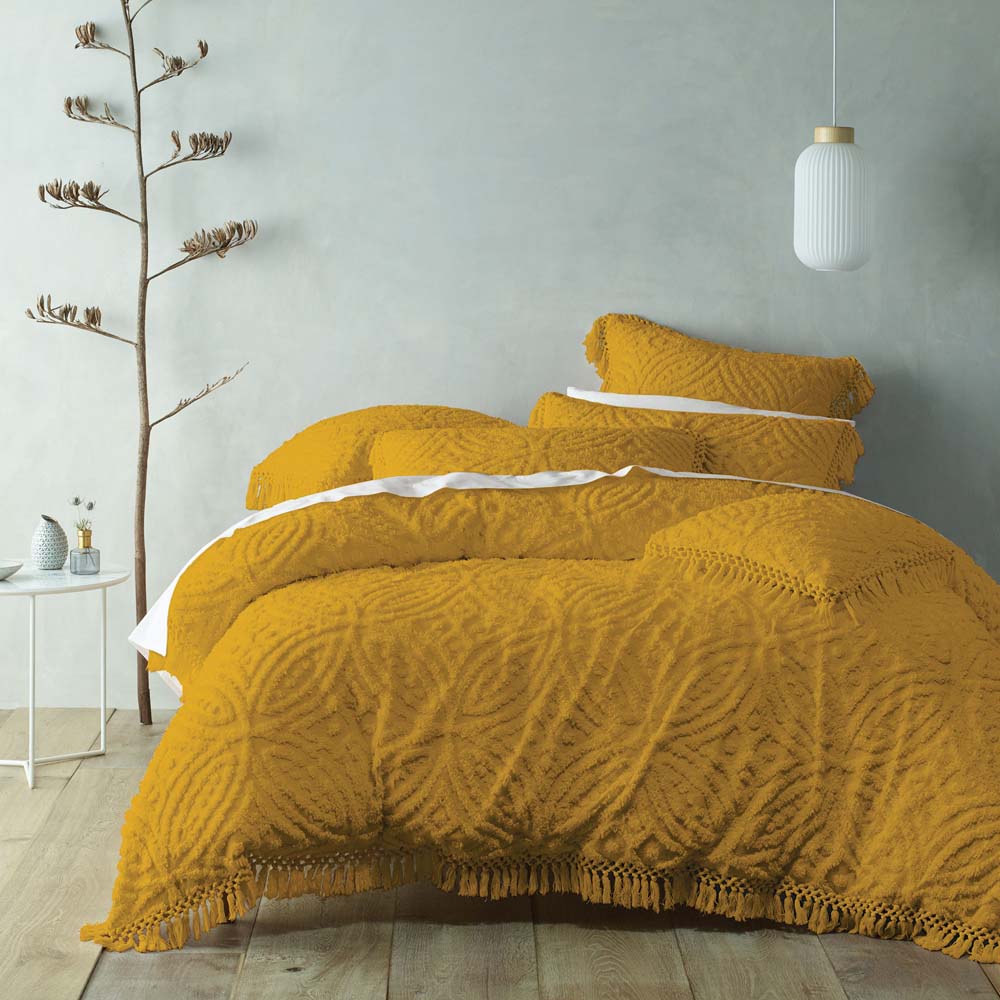 Soft Cotton Chenille Queen Bed Savannah Mustard Quilt Cover Set