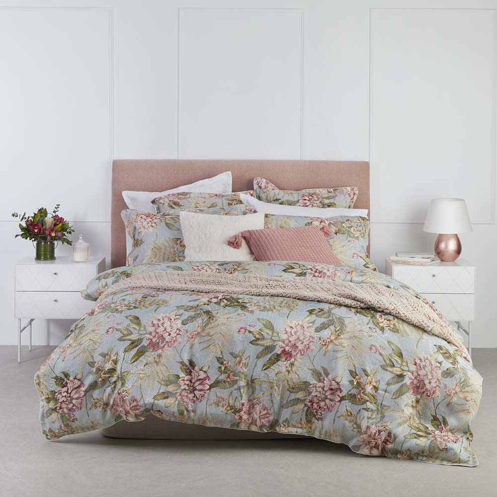 Super King Hazelwood Green Floral Quilt Cover Set with White Piped Edges
