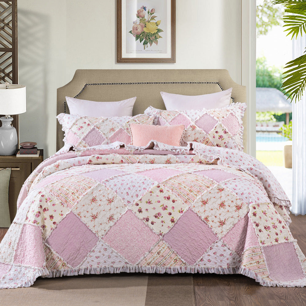 Gorgeous Pink Floral Patchwork Sarah Rose Coverlet Set for Queen Beds