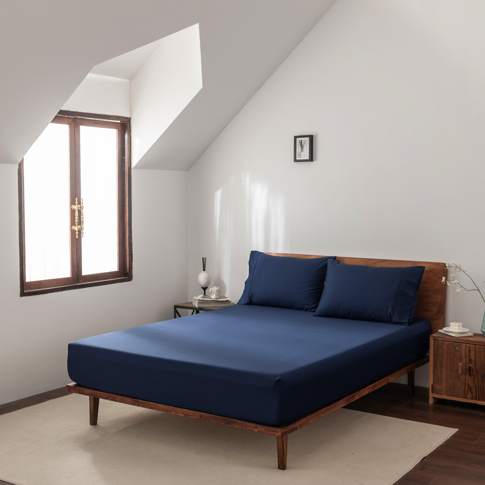 Navy Single Bed 40cm Casey Cotton 400TC Fitted Sheet & Pillowcase Combo