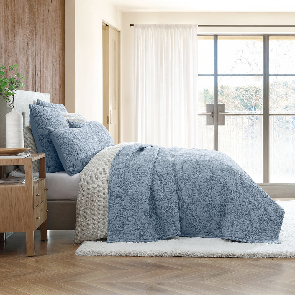 Lilian Queen/King Size Denim Bedspread with Elegant Floral Design