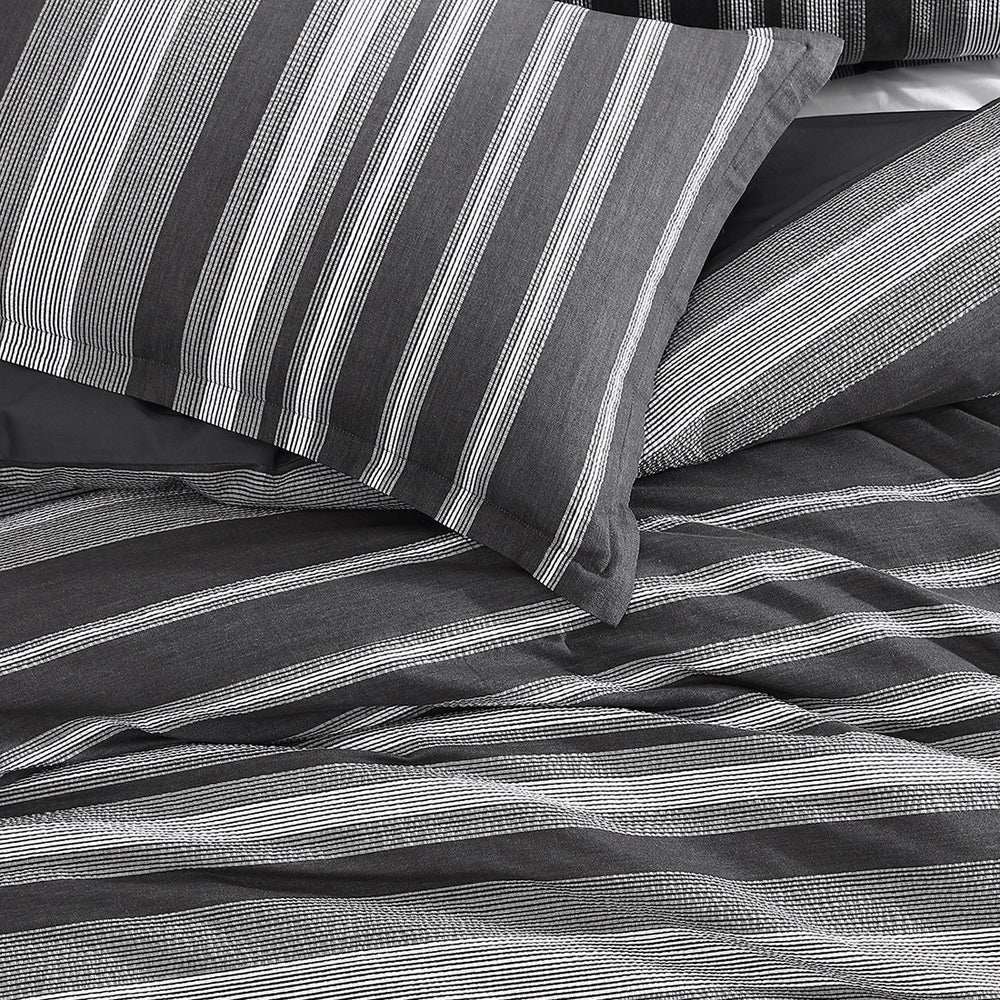 King Size Hunter Charcoal Quilt Cover Set with Modern Stripe Design