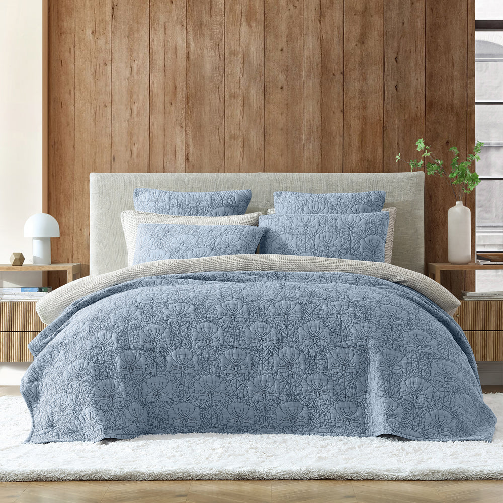 Lilian Queen/King Size Denim Bedspread with Elegant Floral Design