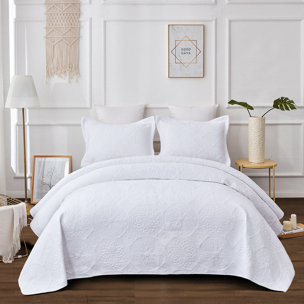 Exquisitely Embroidered All - White Super King Bed Coverlet Set with Matching Pillowcases