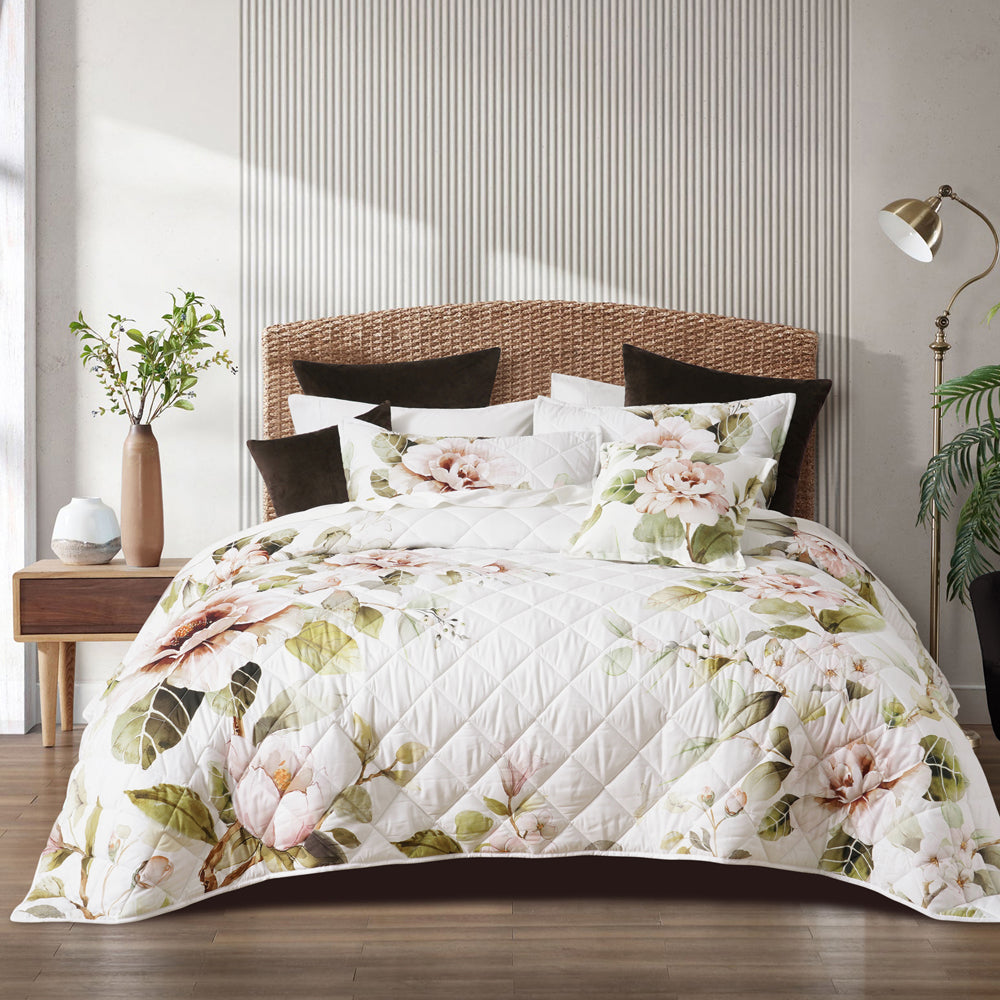 Rosalia White Bed Coverlet Set for Single or Double Beds - A Springtime Floral Delight