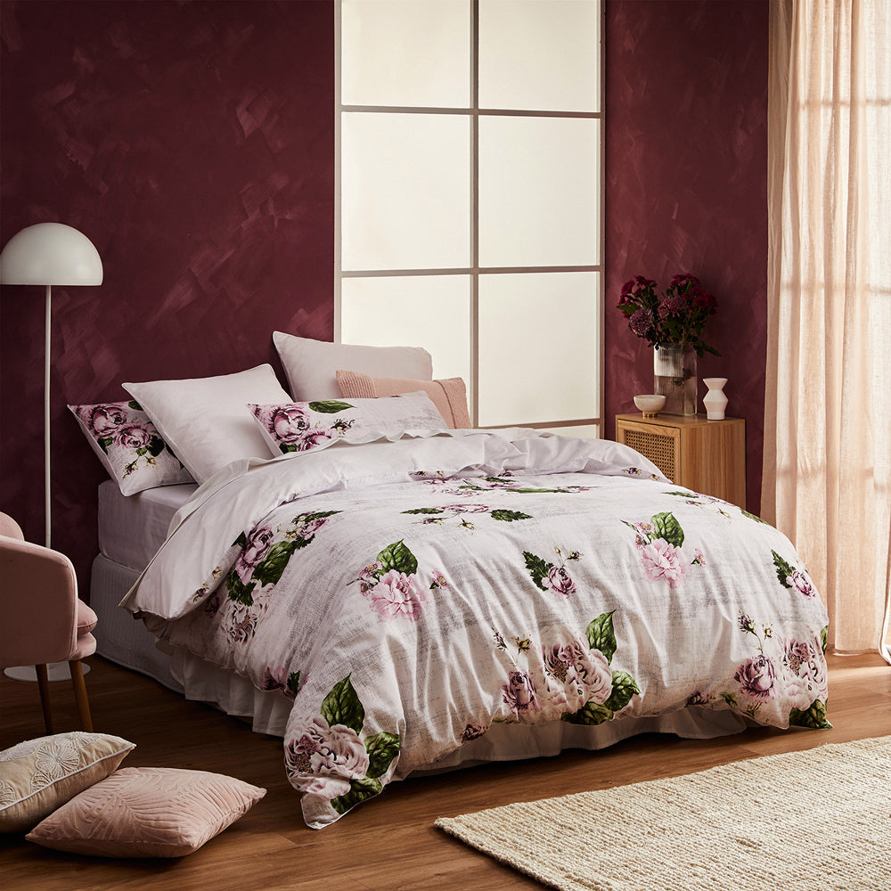 King Size Celestia Faux - Textured Linen Quilt Cover Set with Pink Peony Design