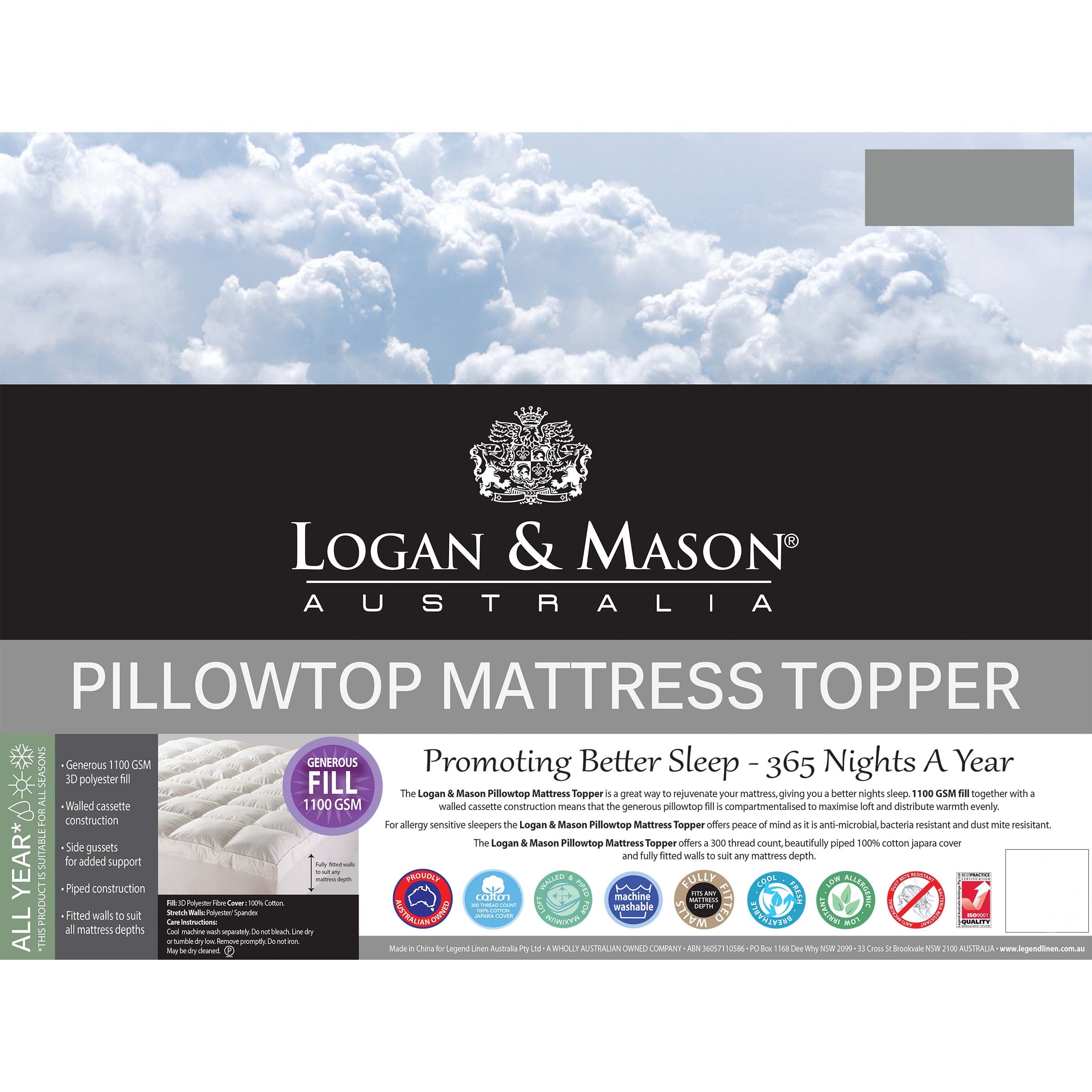 1100GSM Luxury Fitted Pillowtop Mattress Topper for King-Size Bed