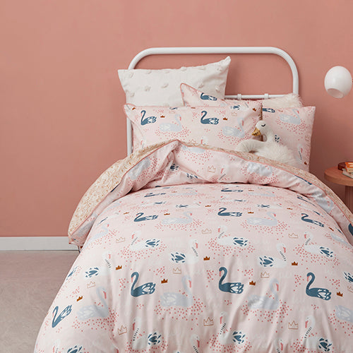 Logan and Mason Double Bed Swan Princess Blush Quilt Cover Set for Kids' Bedroom