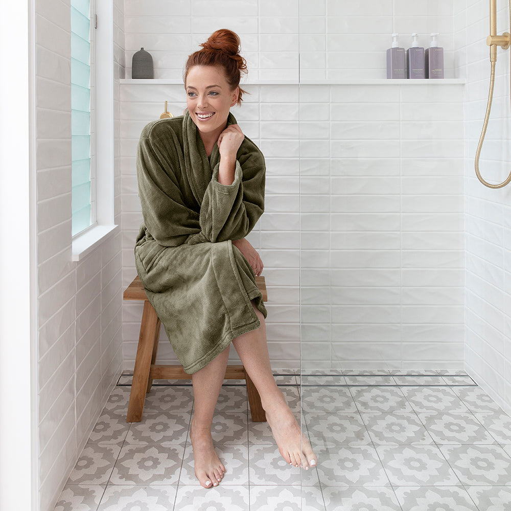 Olive Colored Medium to Large Sized Microplush Bath Robe - Ideal for Cozy Moments