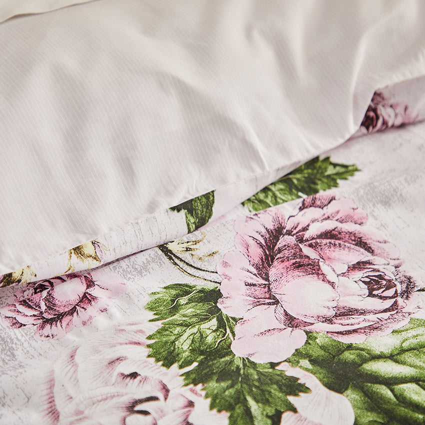 King Size Celestia Faux - Textured Linen Quilt Cover Set with Pink Peony Design