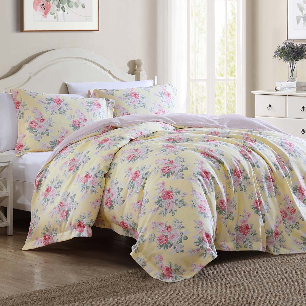 Laura Ashley Melany Double Bed Quilt Cover Set in Sunny Yellow with Pink Florals