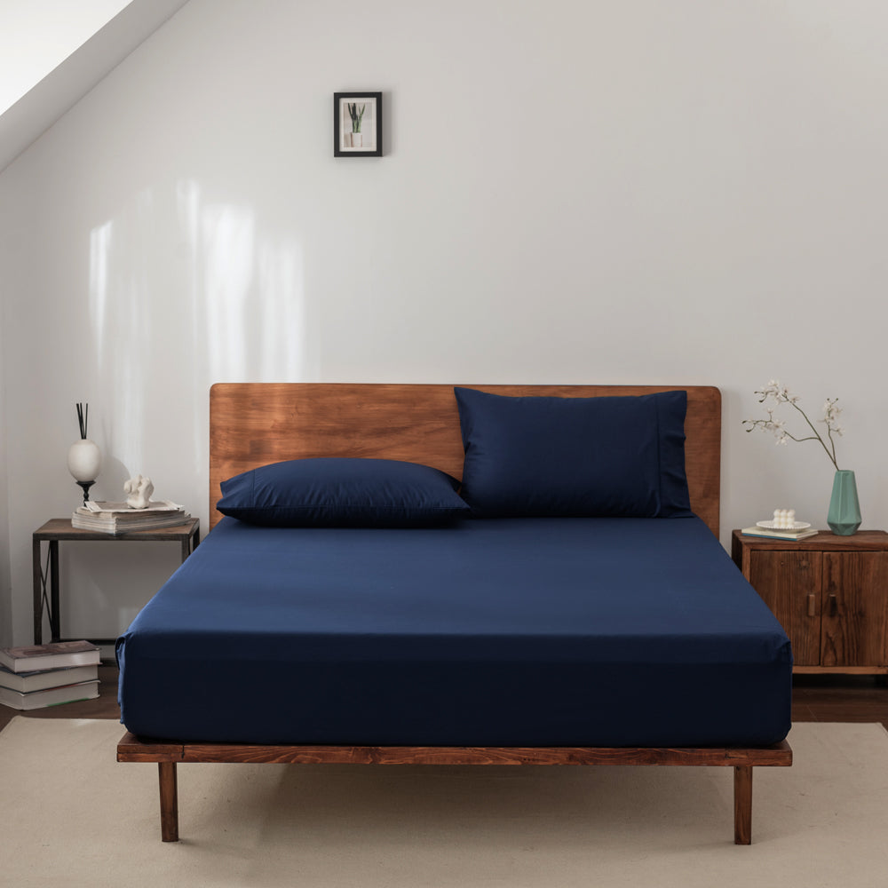 Navy Single Bed 40cm Casey Cotton 400TC Fitted Sheet & Pillowcase Combo