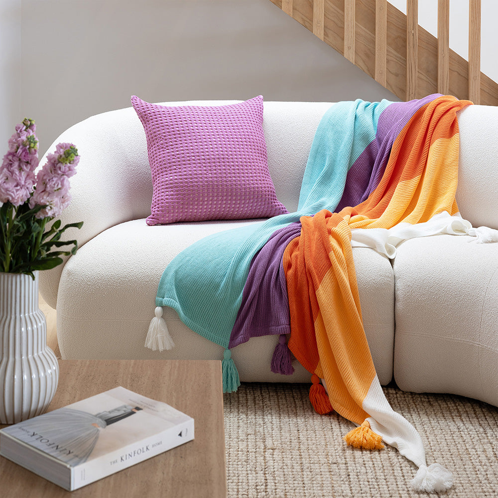 Vibrant Bambury Azalea Knitted Throw Rug with Tassels