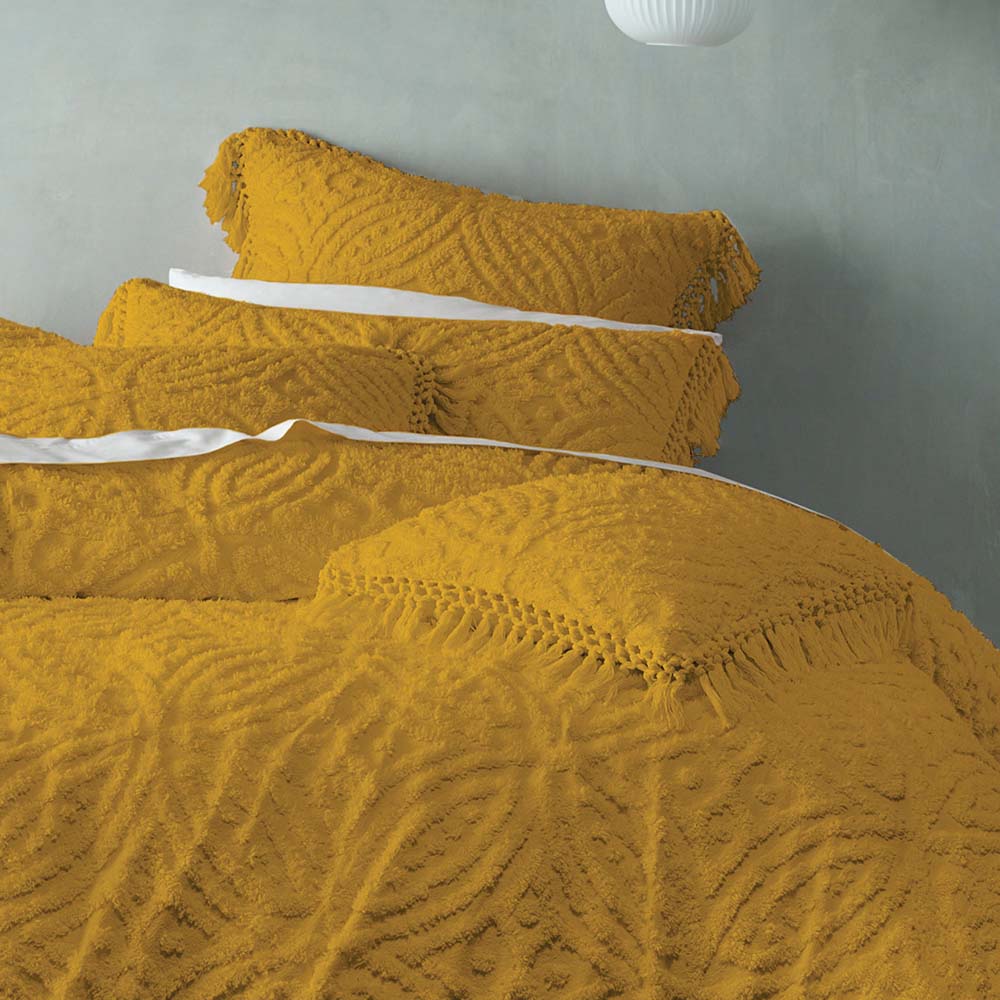 Soft Cotton Chenille Queen Bed Savannah Mustard Quilt Cover Set