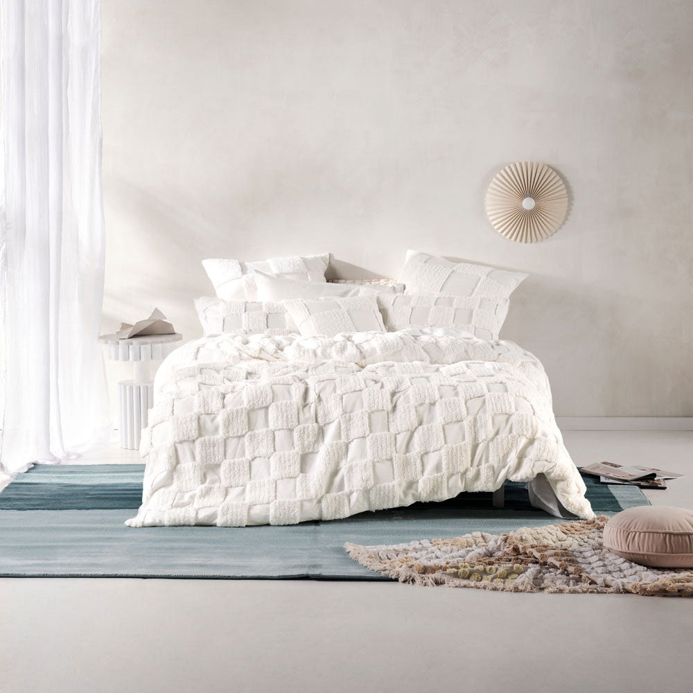Double Bed Linen House Memphis White Chenille Quilt Cover Set with Checkerboard Pattern