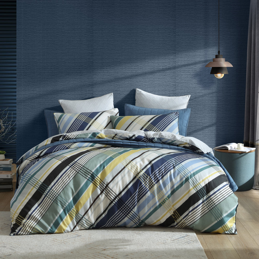 Queen Size Beach House Blue Quilt Cover Set with Modern Striped Design