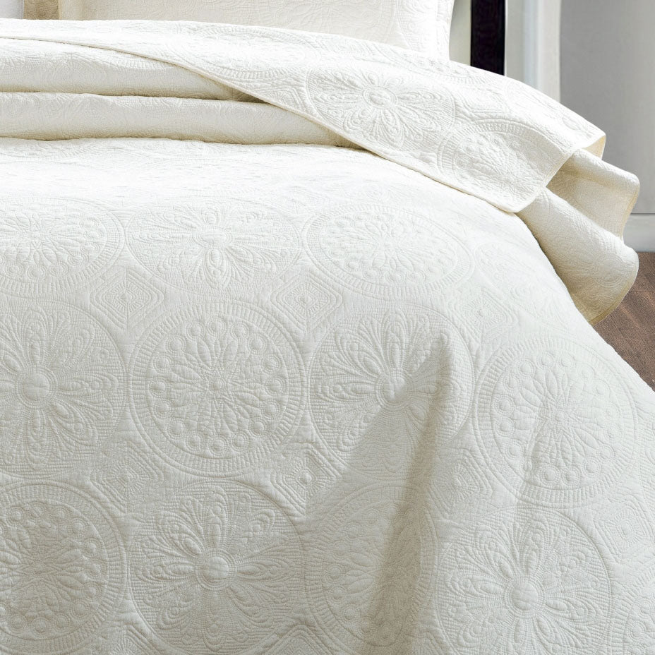 Luxurious Ivory Floral Embossed King Single Bed Coverlet Set