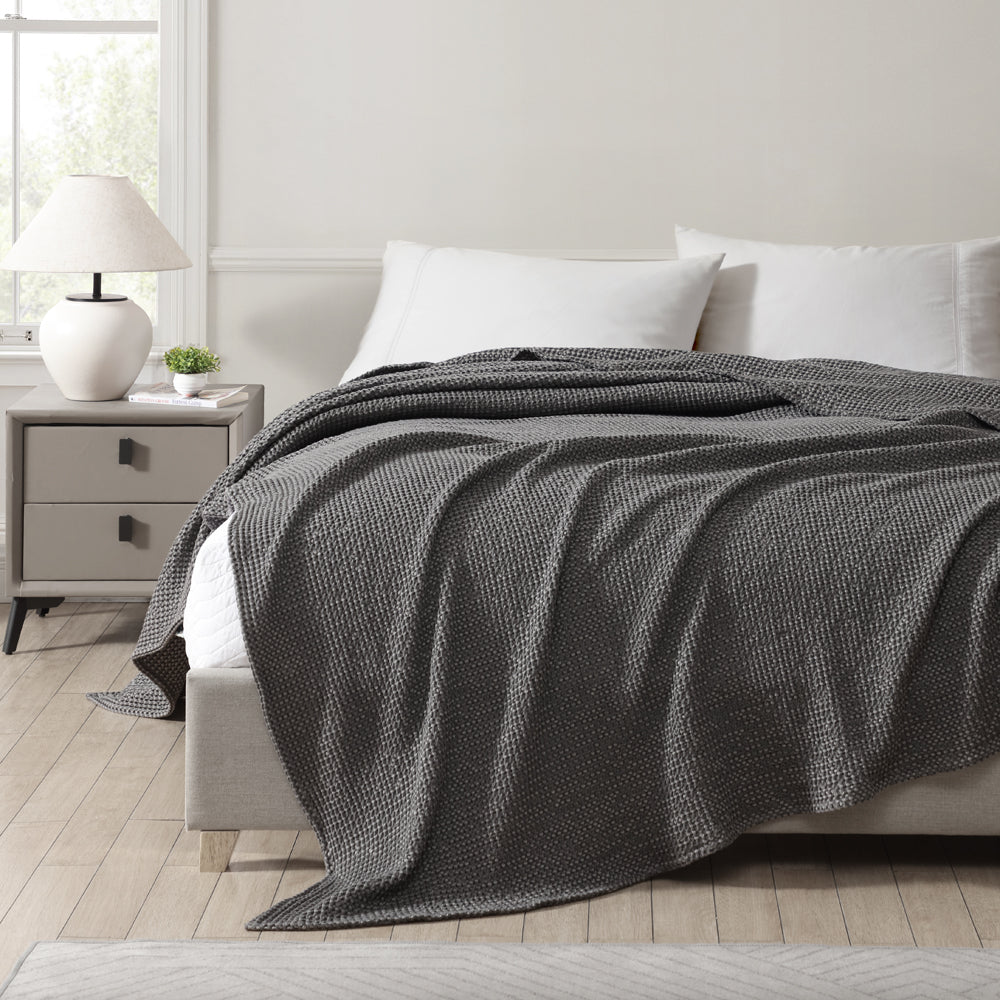 Urban Waffle Style Bed Blanket in Charcoal Color Suitable for Queen or King Size Bed