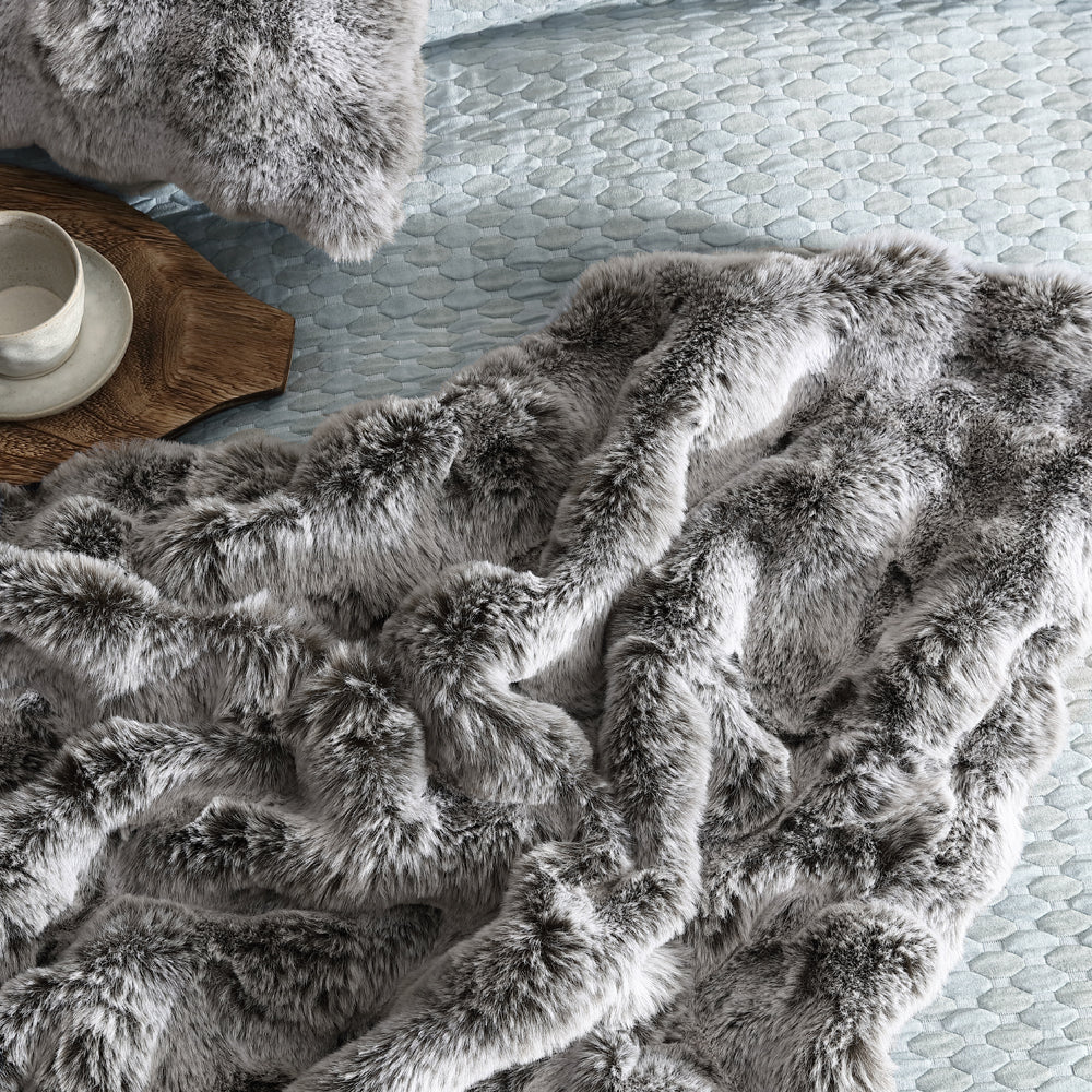 Luxurious Grey Rabbit Faux Fur Throw for Bedroom Decoration