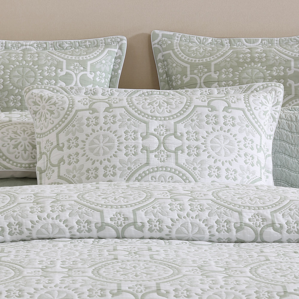 Luxurious Mayfair Sage Queen Bed Quilt Cover Set with Folk Art Motifs