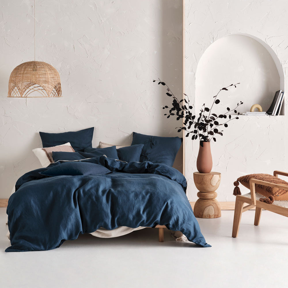 Navy Blue Linen Quilt Cover Set for Queen - Sized Bed by Linen House