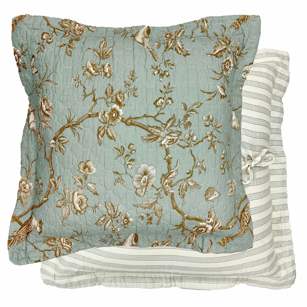 Lyon Teal European Pillowcase with Quilted and Striped Design