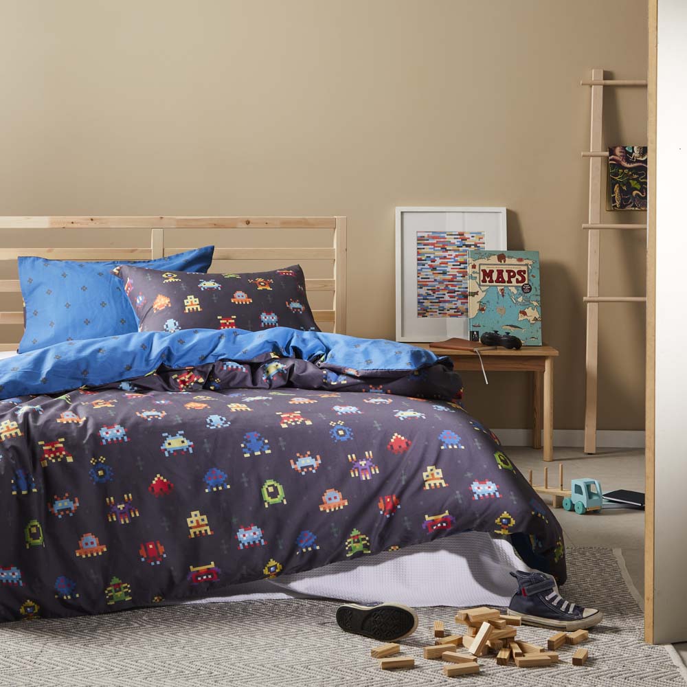 Single Bed Navy Space Invaders Inspired Quilt Cover Set